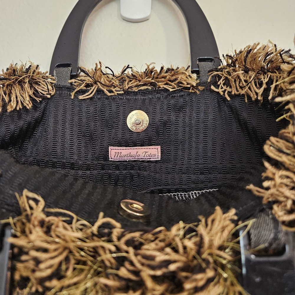 Martha Jo Totes Vintage Tapestry Handbag Beaded Fringe Black Gold - Picture 2 of 6
